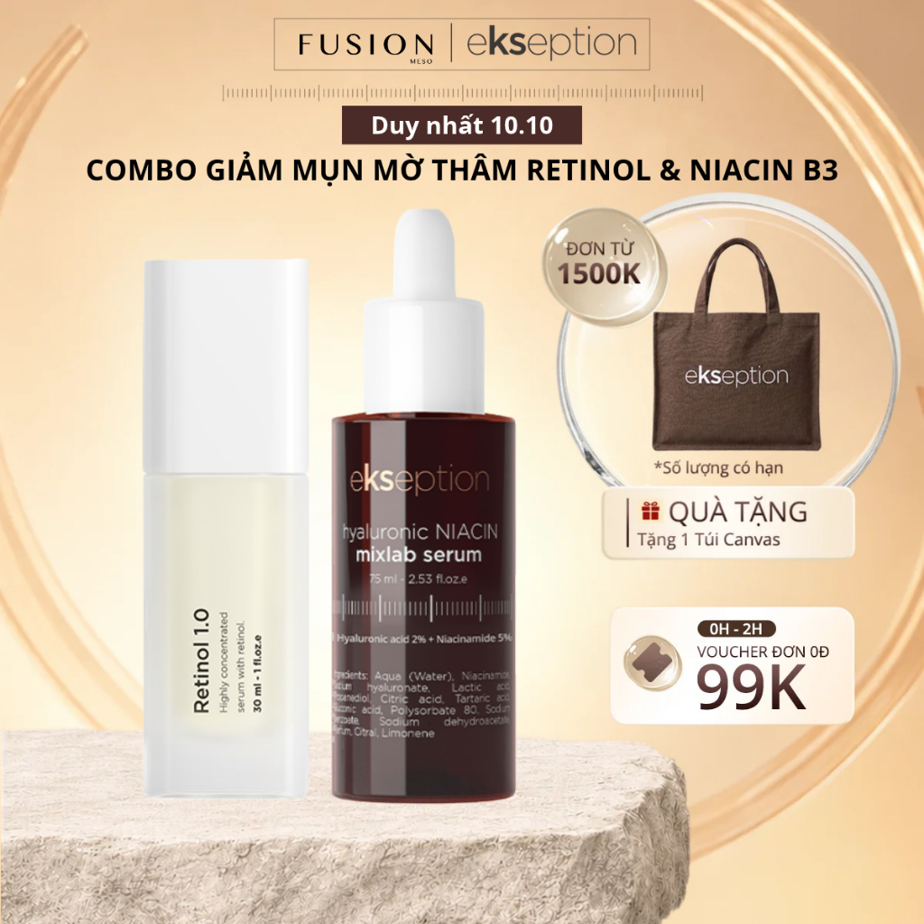 Combo Serum Giảm Dầu Mụn [New version] Fusion Retinol 0.3% 30ml & Ekseption Serum Hyaluronic Niacin Mixlab 75ml