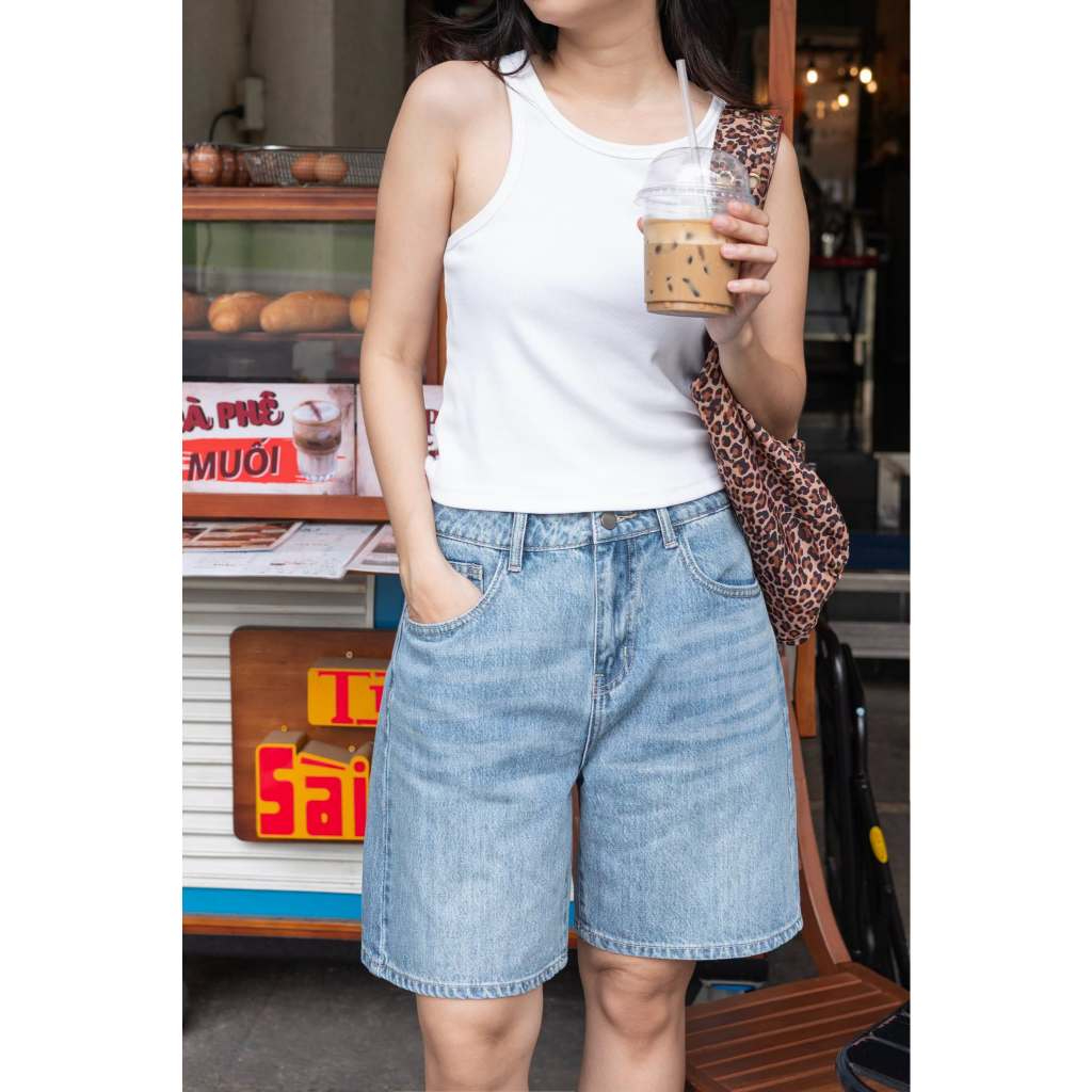 Quần Short Jean Nữ Lửng Ngố, Ống Rộng Lưng Cao, Xanh Nhạt Wash, Bermuda Shorts Light Blue HDS.1