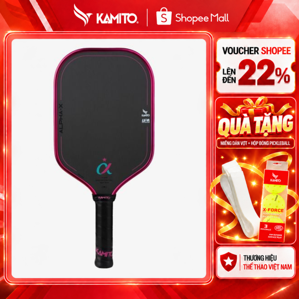 Vợt Pickleball Kamito Alpha X-Lý Hoàng Nam, Mặt Vợt Carbon Toray, Tạo Xoáy, Kiểm Soát Bóng, Lõi MPP