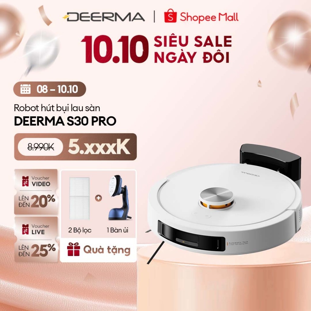 Robot hút bụi lau sàn Deerma S30 Pro lực hút 15.000Pa thiết kế chống rối, điều khiển từ xa qua Mi Home App - BH 24 Tháng
