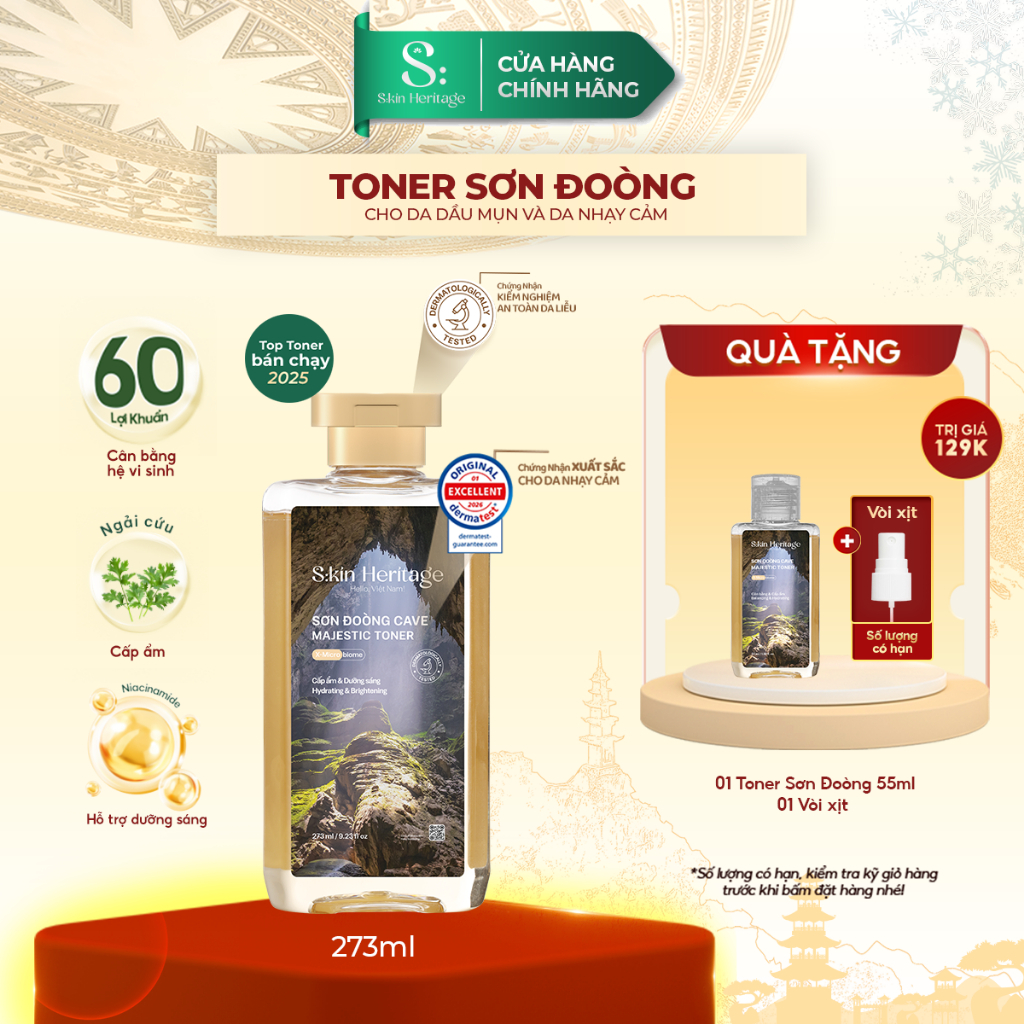 Toner Sơn Đoòng Skin Heritage hỗ trợ cấp ẩm, dưỡng sáng cung cấp 60 Lợi Khuẩn cho da nhạy cảm, da dầu mụn 273ml