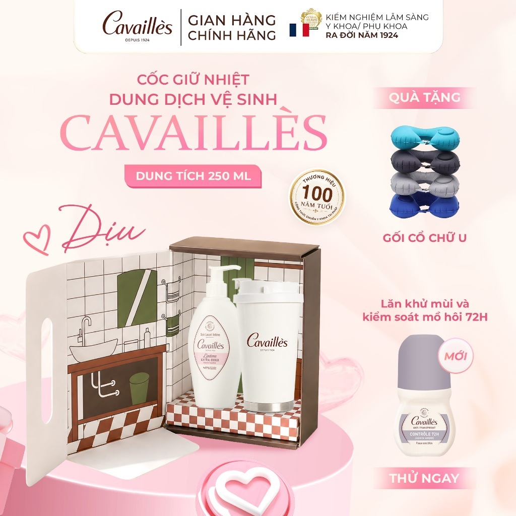 [Set Dịu] Box Quà Dung Dịch Vệ Sinh Phụ Nữ Cavailles 250ml + Cốc Giữ Nhiệt  Siêu Dưỡng, Giúp Cân Bằng pH, Làm Sạch 250ml