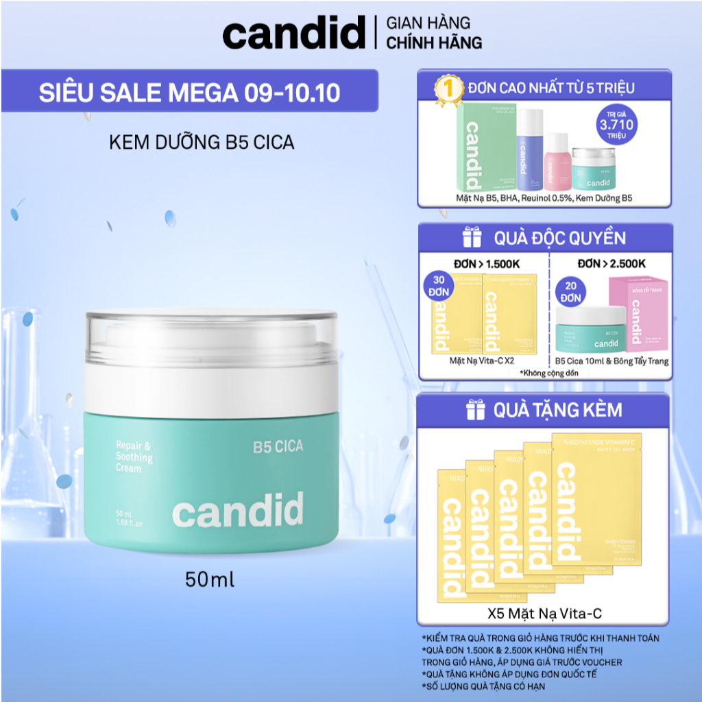 Kem dưỡng ẩm phục hồi Candid B5 Cica Repair and Soothing Cream 50ml