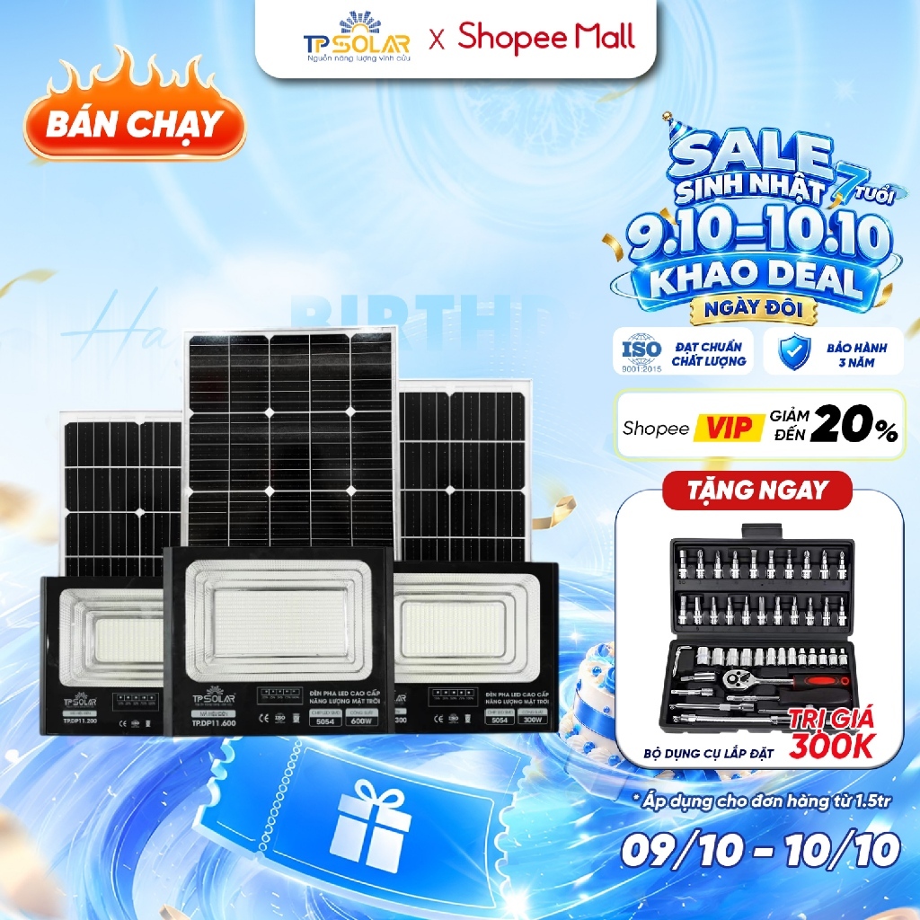 Đèn Pha Năng Lượng Mặt Trời TP SOLAR 200W, 300W, 600W Chiếu Sáng 100-300m2, Vỏ Hợp Kim Nhôm, Sáng Xuyên Đêm