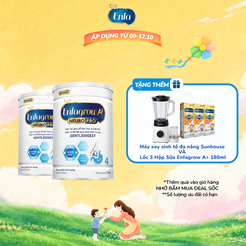 Bộ 2 lon sữa bột Enfagrow A2 Neuropro 4 giúp dễ tiêu hóa, hấp thu cho trẻ 3-6 tuổi – 1.7kg/lon