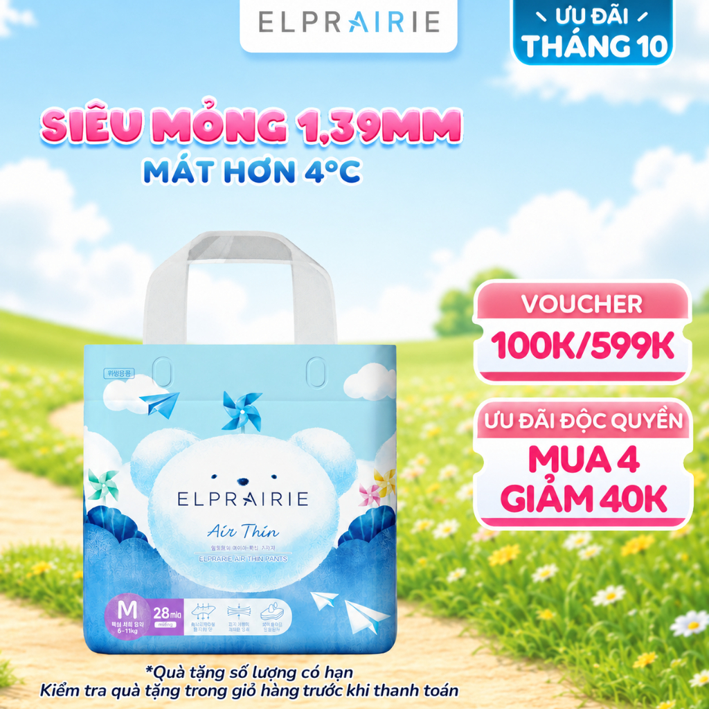 Tã/Bỉm Quần ELPRAIRIE Air Thin Nội Địa Hàn Siêu Mỏng Siêu Thấm Hút, Mềm Mại Chống Hăm M-L-XL-XXL Cho Bé Từ 6-15Kg