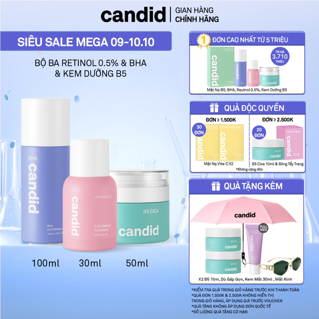 Bộ Ba Hỗ Trợ Cải Thiện Và Phục Hồi Da Candid Retinol 0.5% 30ml & Kem Dưỡng B5 Cica 50ml & BHA 100ml