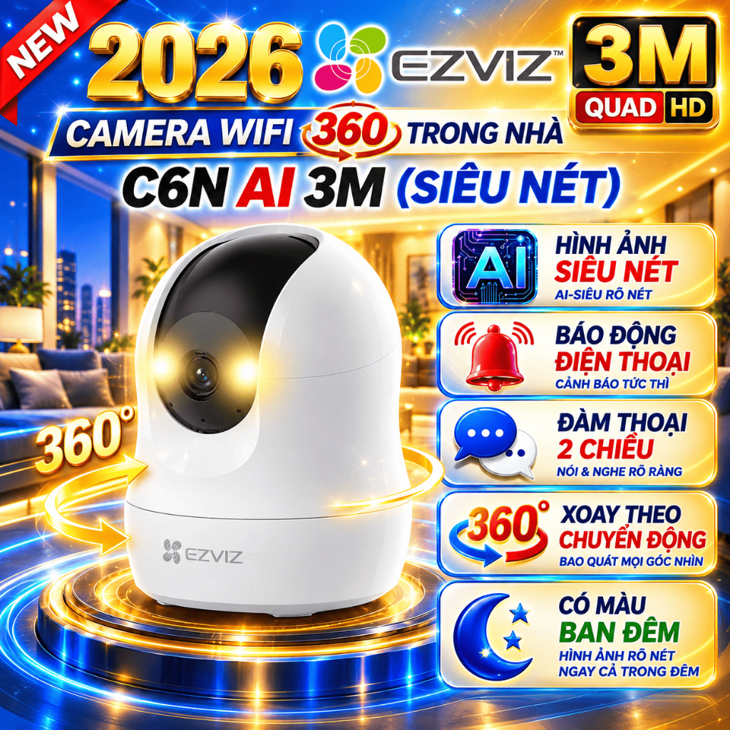 Camera Wifi Trong Nhà Ezviz C6N/H6C G1 3MP 5MP 2K 3K Màu đêm, Độ nét cao, Xoay 360 [Hỗ Trợ Cổng Lan]