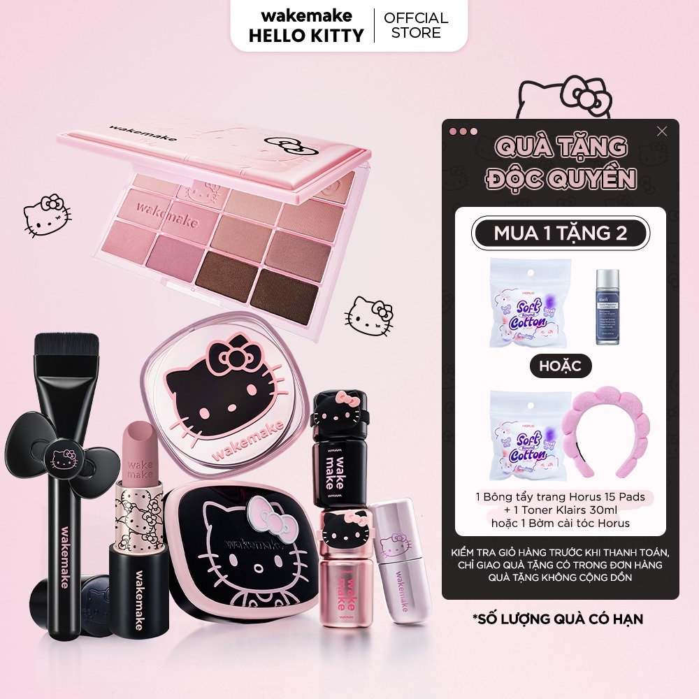[ĐỘC QUYỀN] BST WAKEMAKE HELLO KITTY Black Edition - Bảng Phấn Mắt, Son môi, Phấn Phủ Stay Fixer, Má hồng, Cọ Spatula