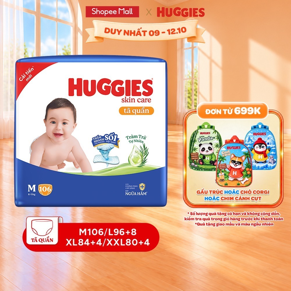 Tã/Bỉm quần Huggies Skincare Mega Jumbo M106/L96+8/XL84+4/XXL76+4 với tràm trà dịu da