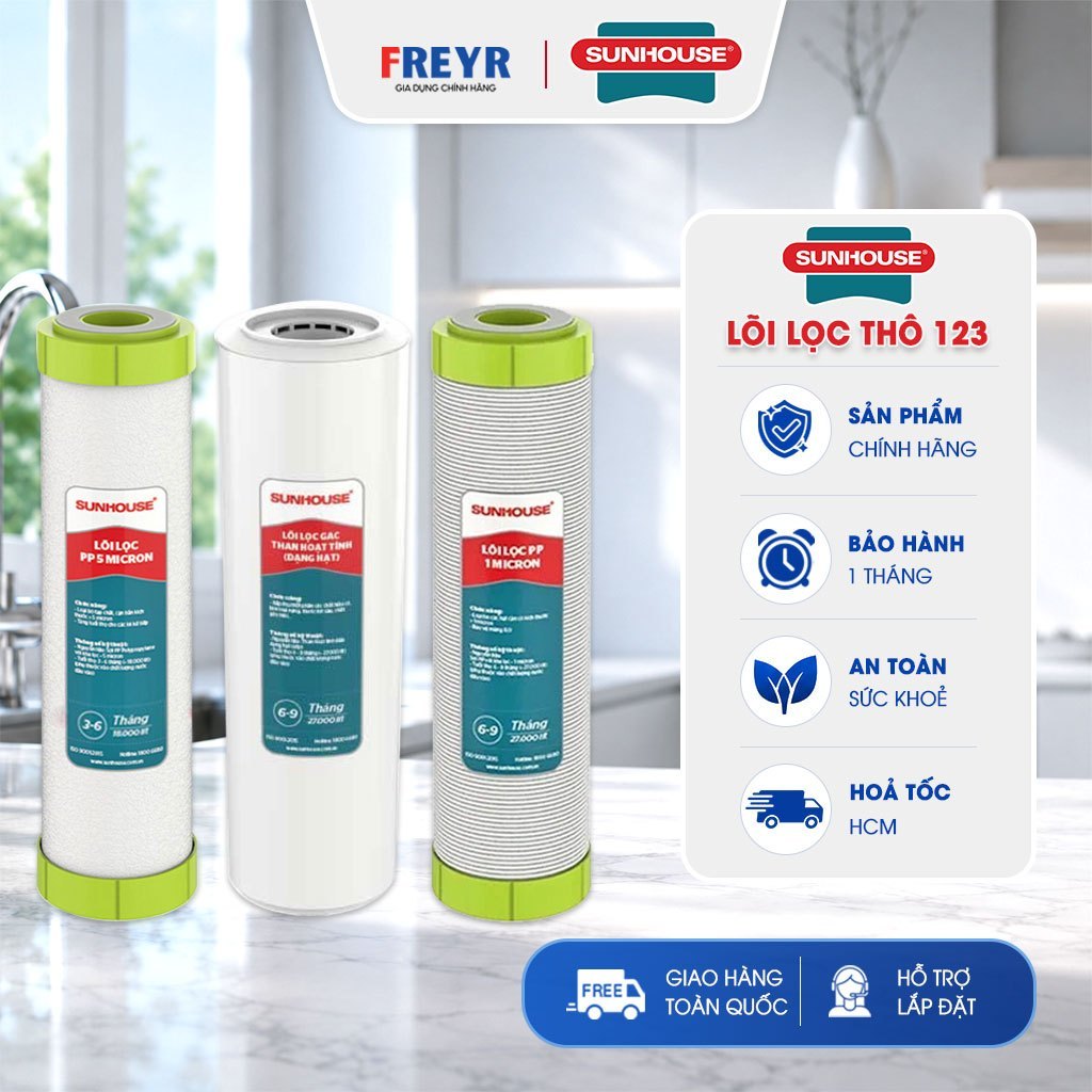 Bộ 3 Lõi Lọc Thô Sunhouse Số 1 2 3 Cho Máy Lọc Nước RO 3 Cốc 10 Inch Hàng Chính Hãng