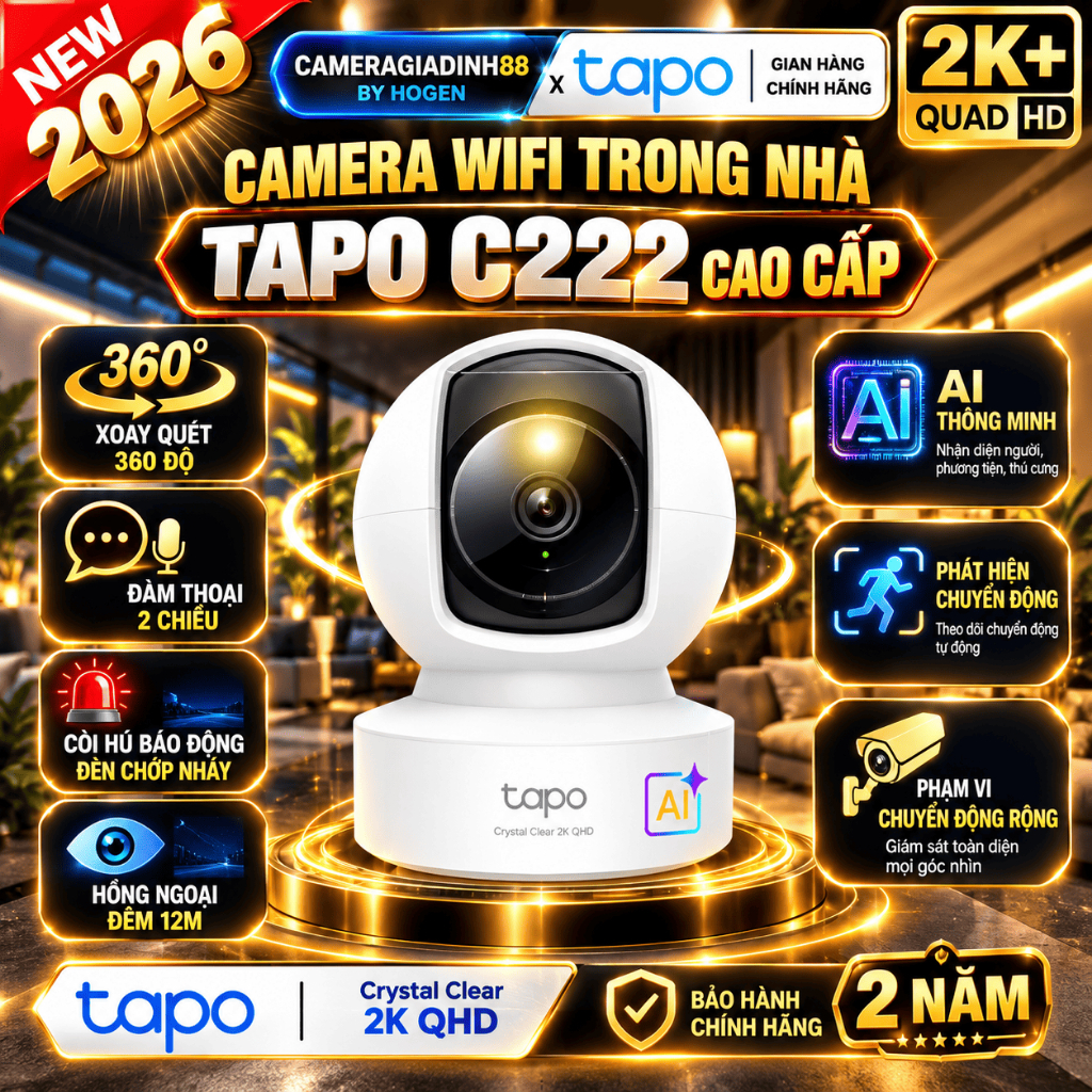 Camera Wifi TP-Link Tapo C222, C200 1080p/2K -Xoay 360, Đàm Thoại 2 Chiều, Còi Hú Đèn Chớp, BH 24TH