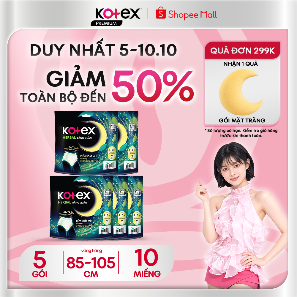 Combo 5 Gói Băng Vệ Sinh Quần Kotex Herbal Ban Đêm Thảo Dược, Kiểm Soát Mùi, Kháng Khuẩn, Chống Tràn Cỡ L/Xl 2 Miếng/Gói