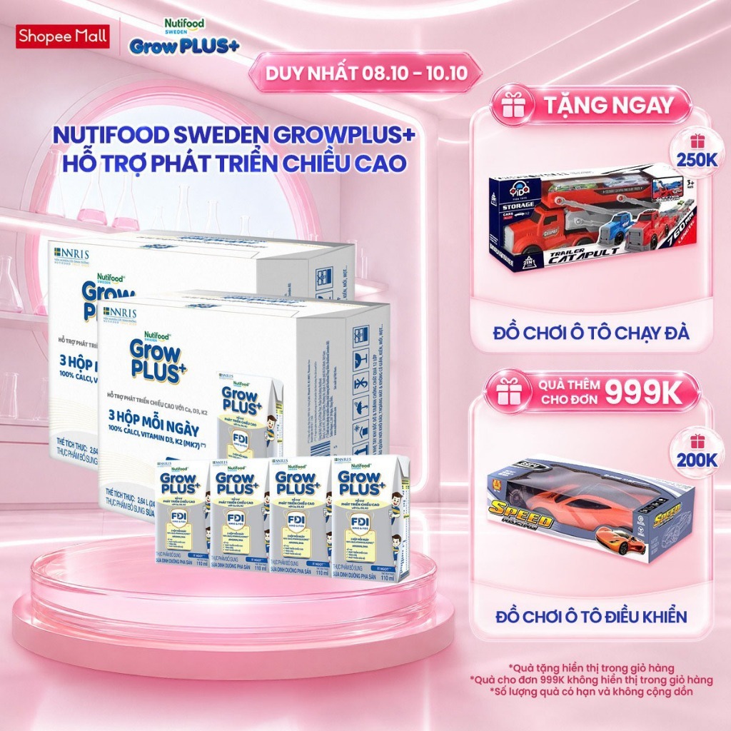 Combo 2 Thùng 24 Hộp Sữa Bột Pha Sẵn Nutifood Sweden GrowPLUS+ Cao lớn vượt trội hộp 110 ml