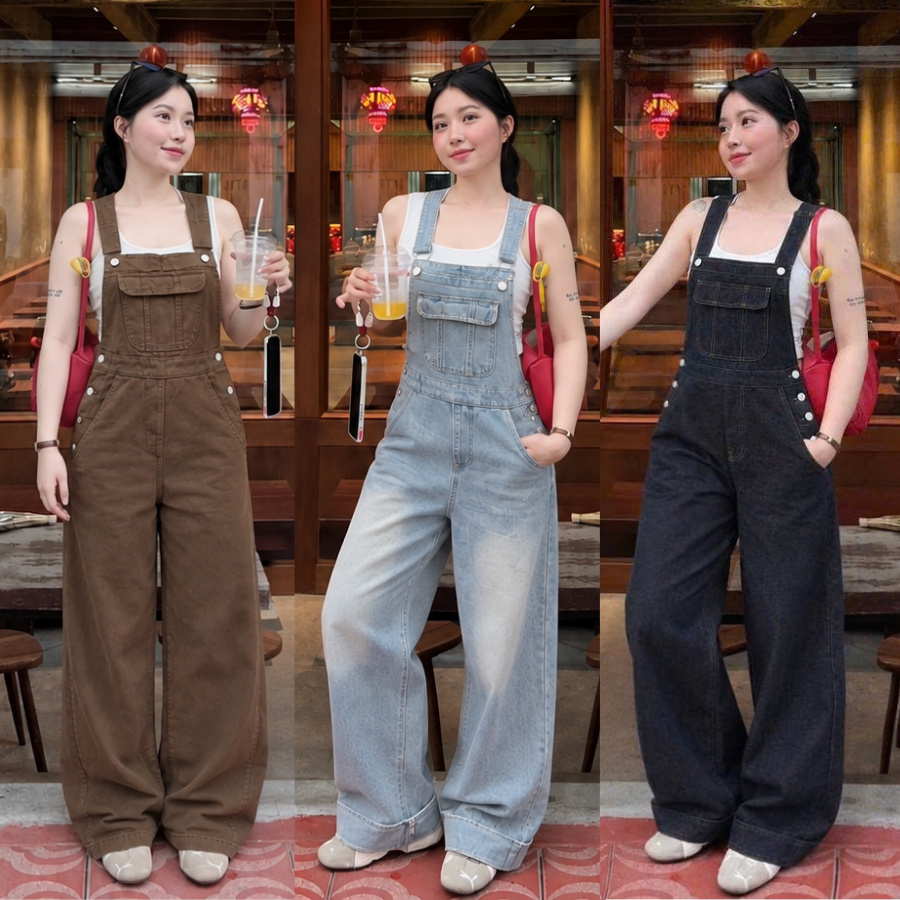 [DEAL MỞ BÁN] Quần Yếm Jean Dài Nữ Ống Suông Form Rộng Chất Denim Mềm Màu Xanh Cao Cấp Bigsize