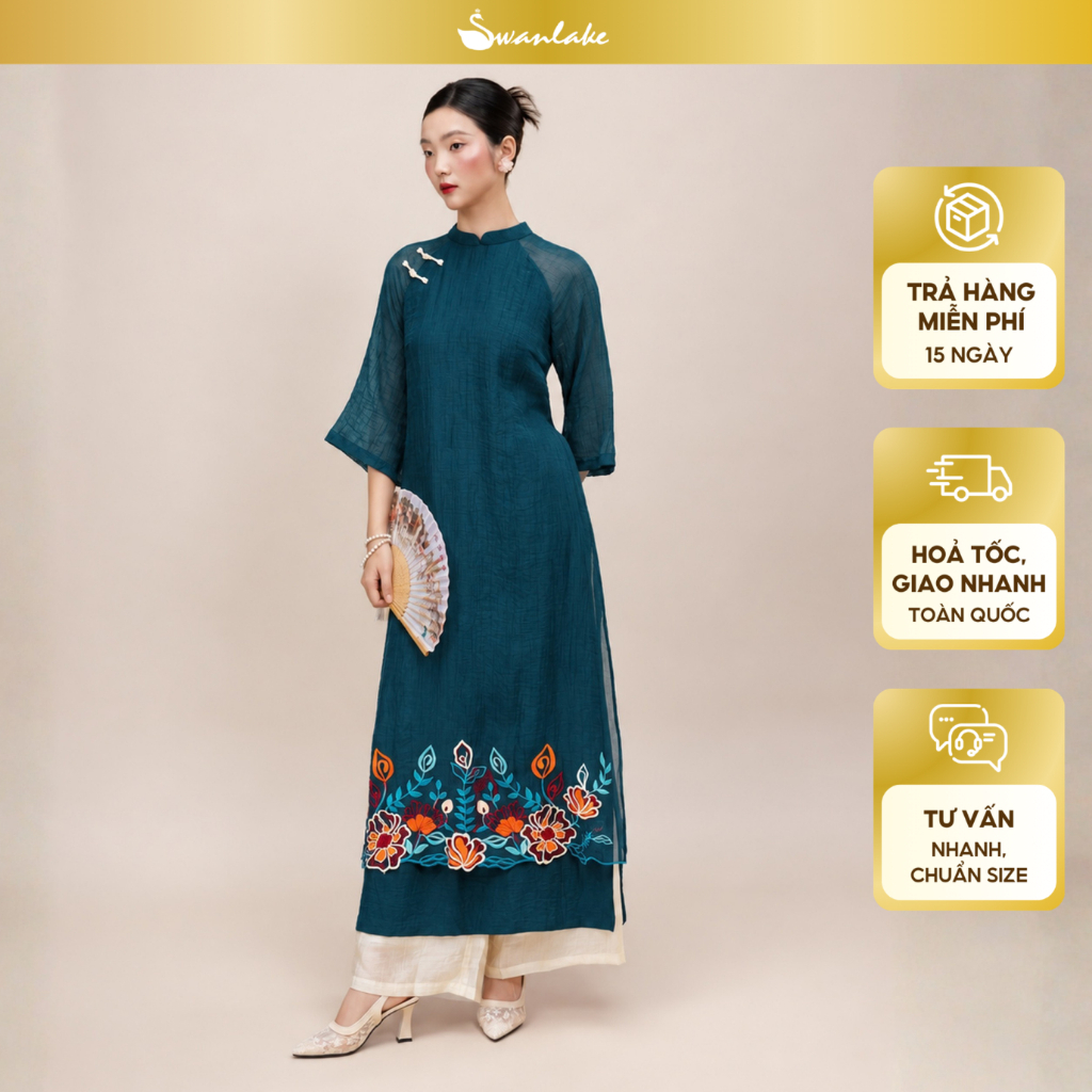 SWANLAKE | Áo Dài Cách Tân Nữ Dáng Suông Cổ Trụ Đứng Tay Lỡ Vải Xốp Hàn 4 Tà Thêu Hoa L13969