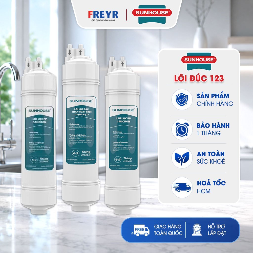 Bộ 3 Lõi Lọc Thô Sunhouse 1 2 3 Đúc Nối Nhanh Chính Hãng Cho SHA8818K, SHA8878KV, SHA8879K...