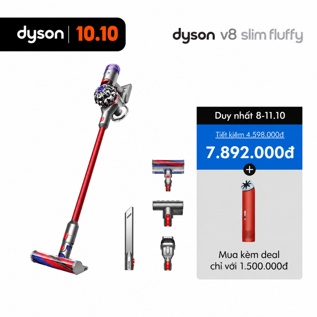 [9-11.10 | MUA KÈM QUẠT MINI HUSHJET CHỈ 1,5TR] Máy hút bụi không dây Dyson V8 Slim ™ Fluffy