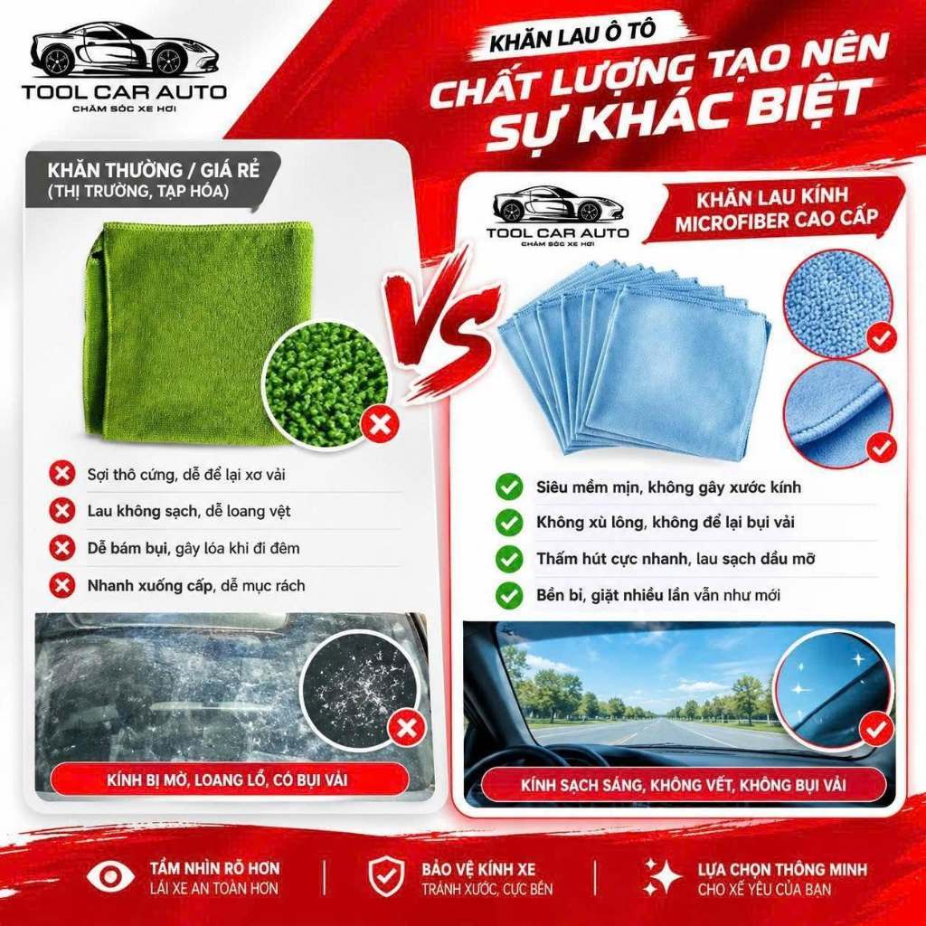 Khăn Lau Kính Ô tô Size 40x40Cm Vải Không Xù Lông Thấm Hút Mạnh Làm Sạch Nhanh, Không Để lại Bụi Vải | BigBuy360 - bigbuy360.vn