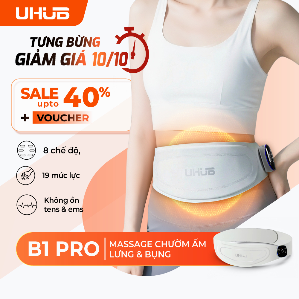 Đai Massage Chườm Ấm Bụng Kinh UHUB B1 Pro, Xung Kép EMS TENS, Định Hình Eo, Lưng,Bụng, 8 Chế Độ,19 Mức Lực Linh Hoạt