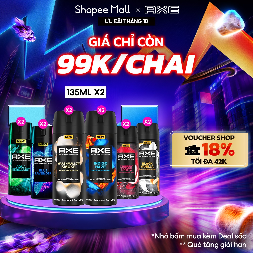 [DEAL SỐC] Combo 2 Xịt khử mùi hương nước hoa cao cấp AXE 135ml cho nam, khử mùi và lưu hương lên tới 72h