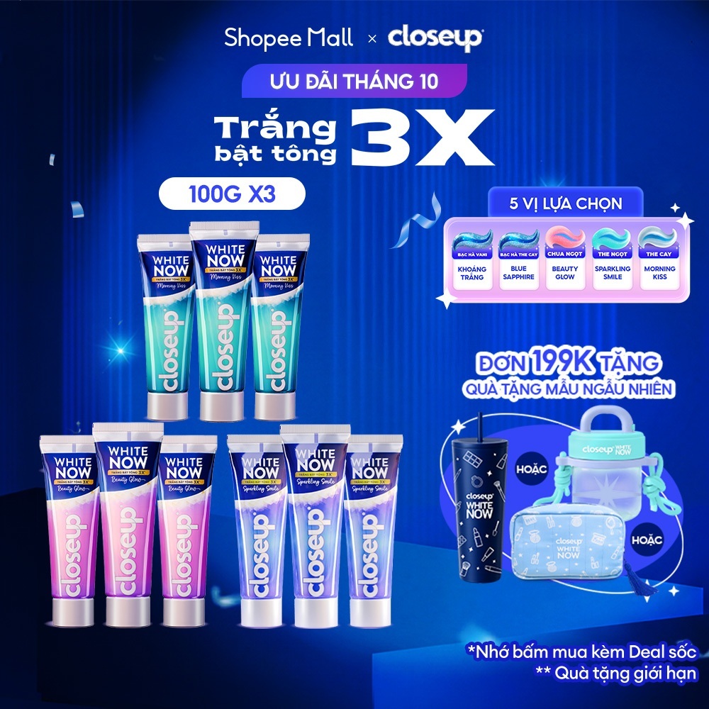Combo 3 Kem đánh răng Closeup White Now - Trắng Bật Tông 3X TỨC THÌ với Công nghệ Ánh Sáng Xanh 100g