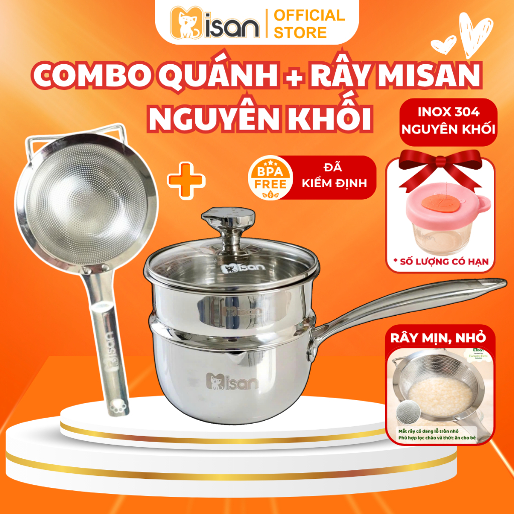 Combo Rây - Quánh Inox, Bộ Dụng Cụ Làm Bếp Nấu Ăn Tối Ưu Misan, Inox Nguyên Khối An Toàn