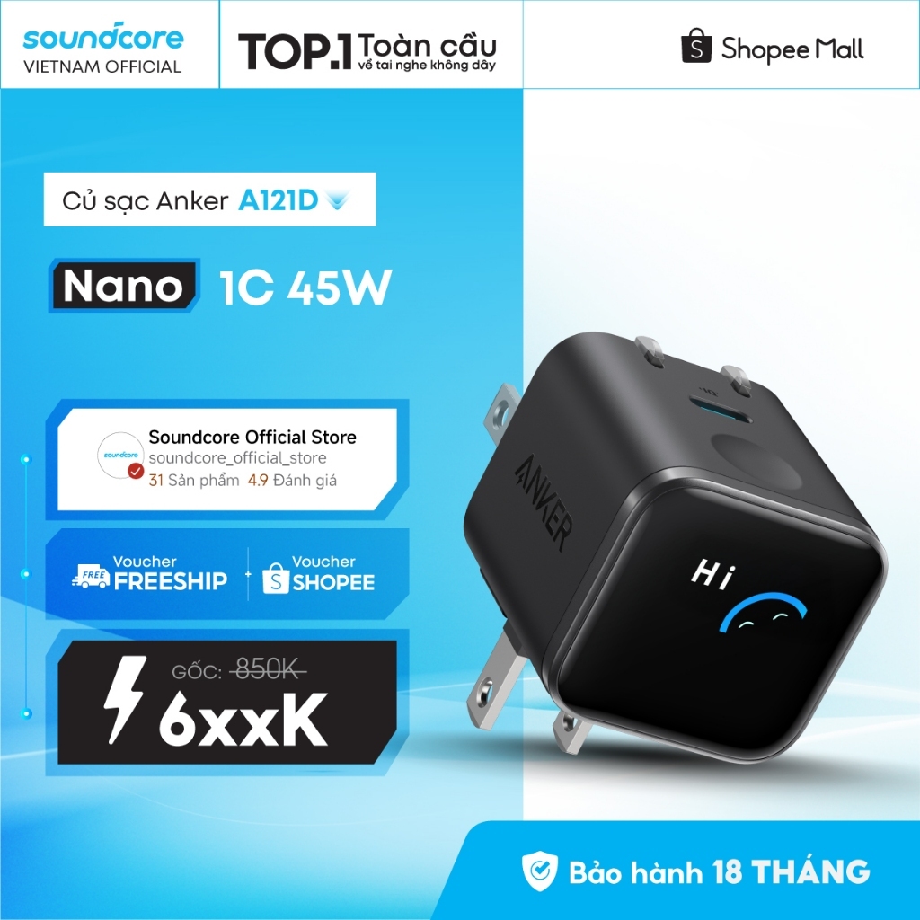 Củ Sạc Anker Nano 1C 45W | Màn Hình LED | Chân gập 180° | Sạc iPhone 15/16/17, Samsung, iPad - A121D | BH 18 tháng