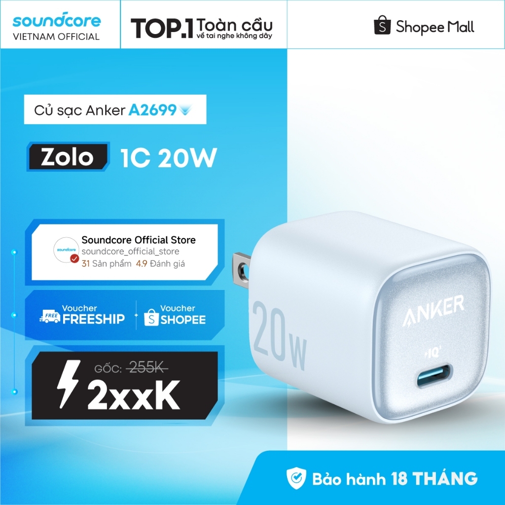 Củ sạc Anker Zolo 20W/30W |1 cổng USB-C | Chân gập gấp gọn tiện lợi |Sạc nhanh Power IQ 3.0- A2699/A2698 | BH 18 tháng