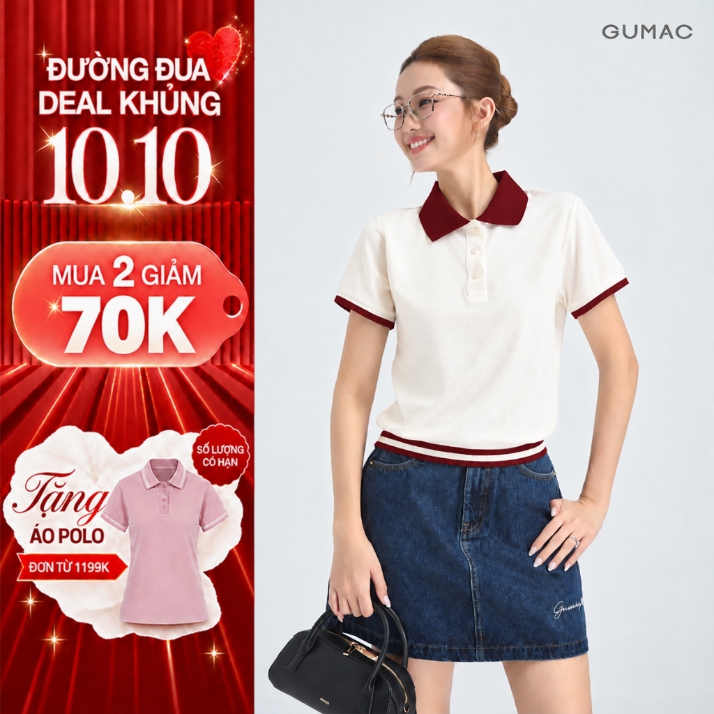 [VOUCHER 70K] Áo Polo Nữ GUMAC Áo Thun Có Cổ Chất Tổ Ong Thoáng Mát Bigsize Phối Sọc Trẻ Trung Năng Động APG01024