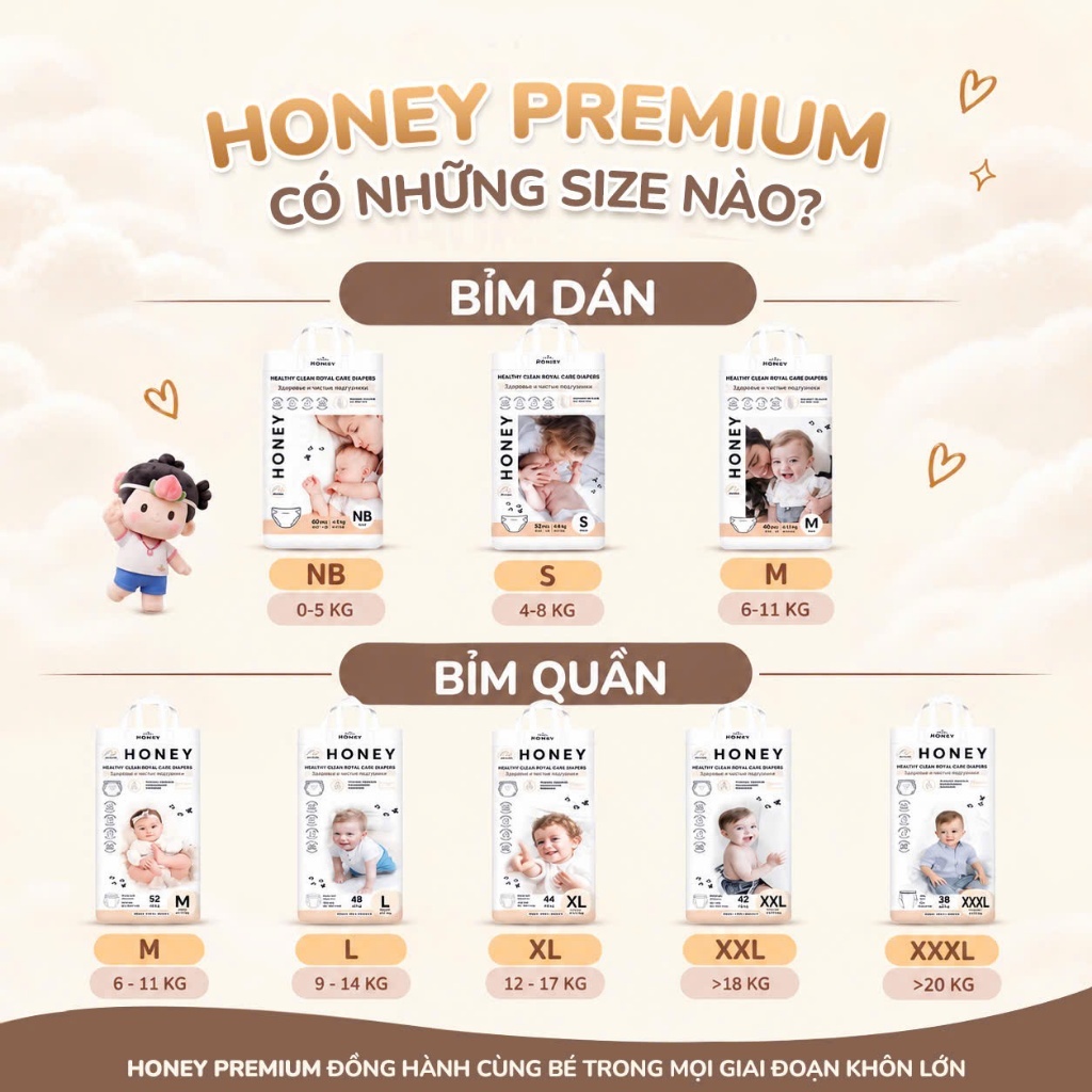 Tã/bỉm Dán Quần Honey Premium Mềm Mại, An Toàn Đủ Size Cho Bé Từ 3kg - 25kg