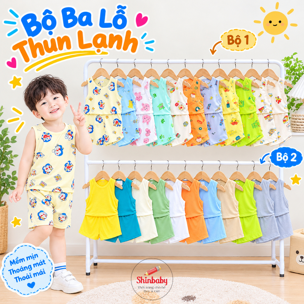 Combo 3 Bộ Quần Áo Ba Lỗ Vải Thun Lạnh Họa Tiết Cho Bé 3-16kg (GIAO NGẪU NHIÊN)