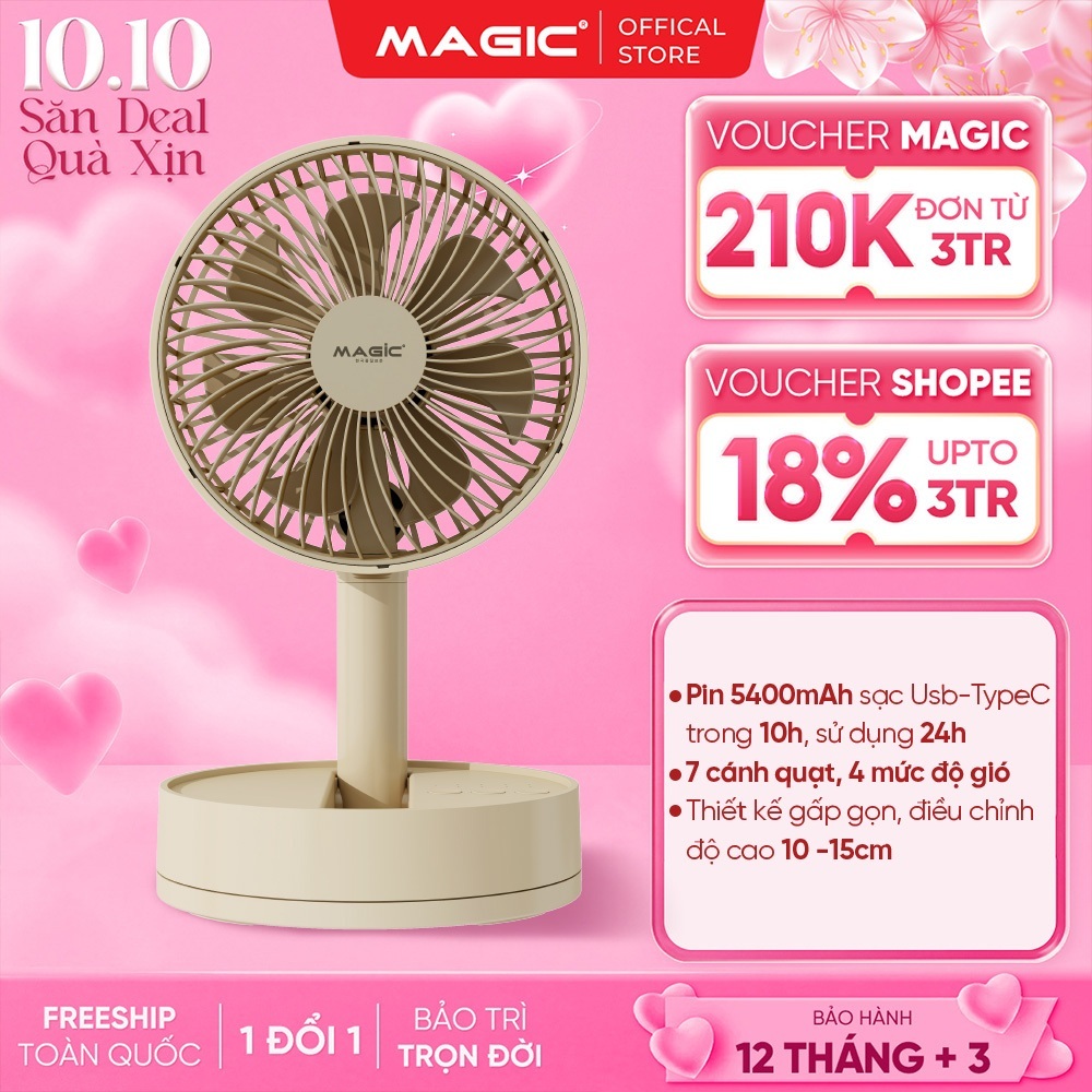 Quạt Sạc Gấp Gọn Magic A-007, Pin Trâu 5400mAh Dùng Liên Tục 24h, Tùy Chỉnh Độ Cao, Gió Mạnh, BH 12T