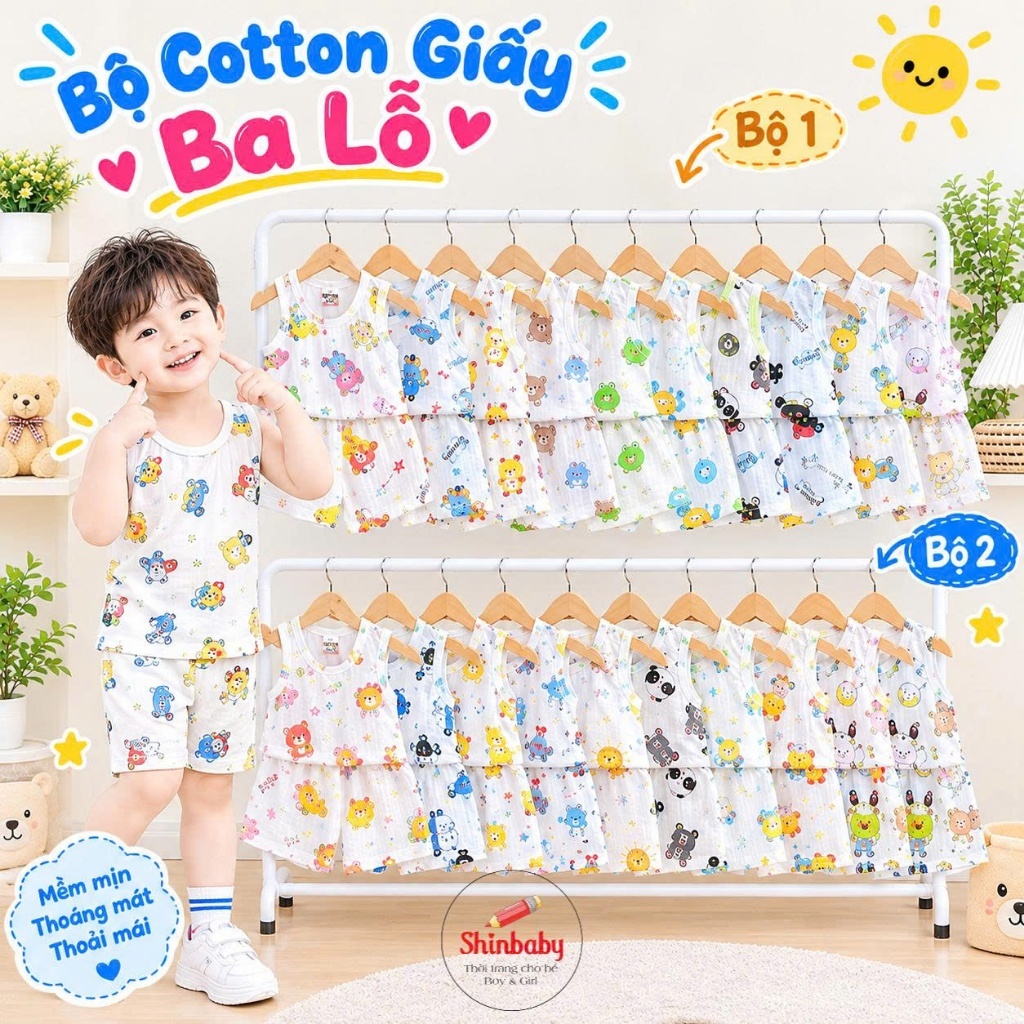 Combo 4 bộ giấy ba lỗ mỏng mát nhiều hình in đẹp cho bé mặc hè siêu dễ thương