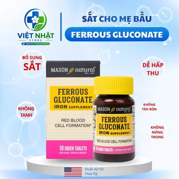 Mason Natural Ferrous Gluconate 50 Viên, Bổ Sung Sắt Hữu Cơ, Hỗ Trợ Tạo Hồng Cầu, Giảm Nguy Cơ Thiếu Máu Do Thiếu Sắt