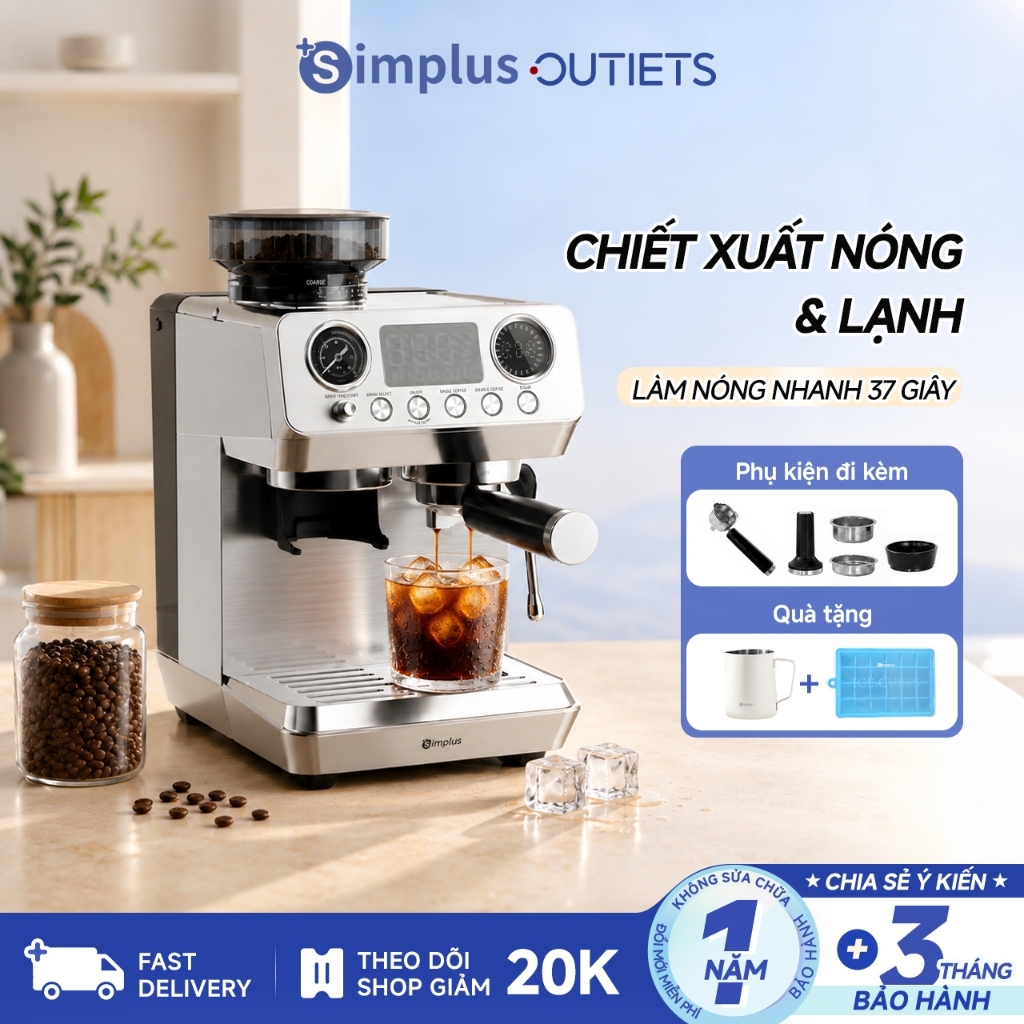 Máy pha cà phê Simplus espresso bán tự động tích hợp xay–chiết xuất–tạo bọt sữa 3 in 1, chiết xuất nóng & lạnh KFJH022