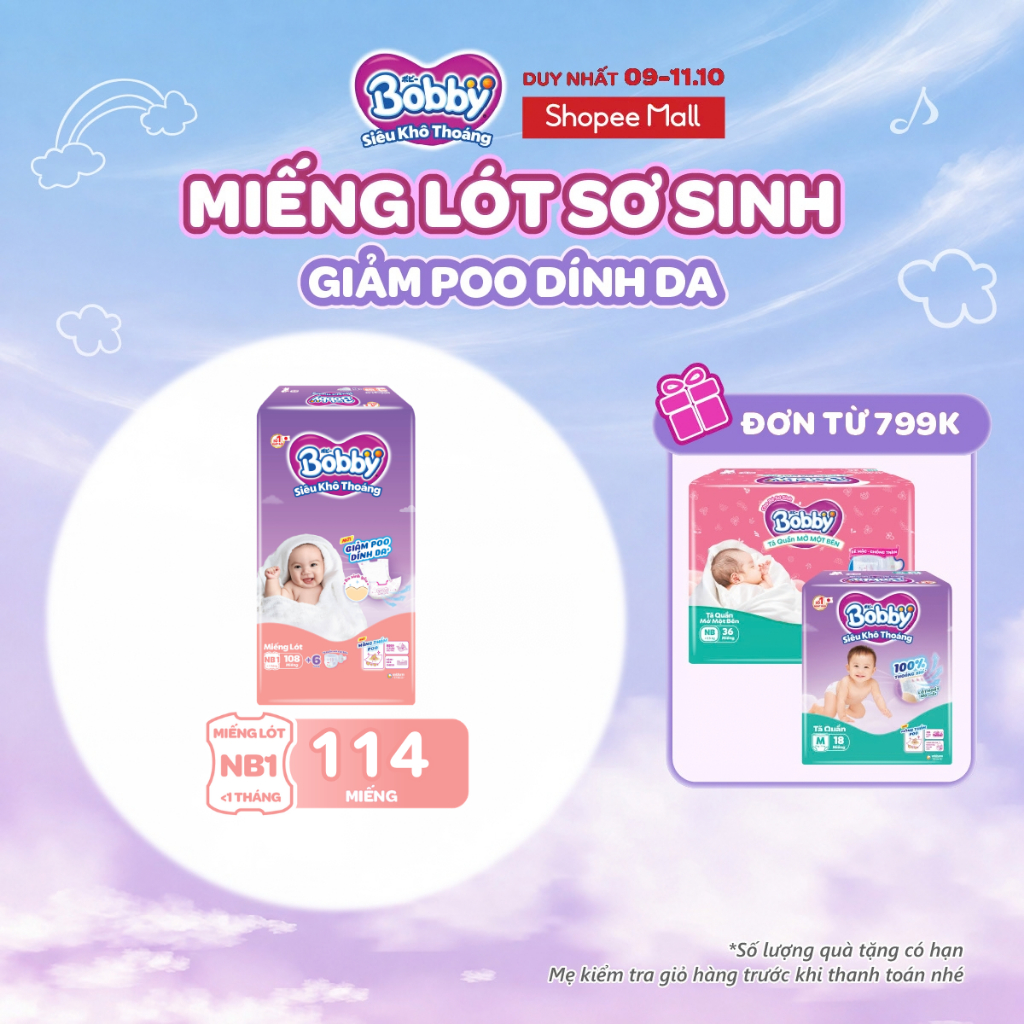 [TẶNG MIẾNG NGẪU NHIÊN] Miếng lót sơ sinh Bobby Newborn 1-108 miếng Giảm Poo Dính Da