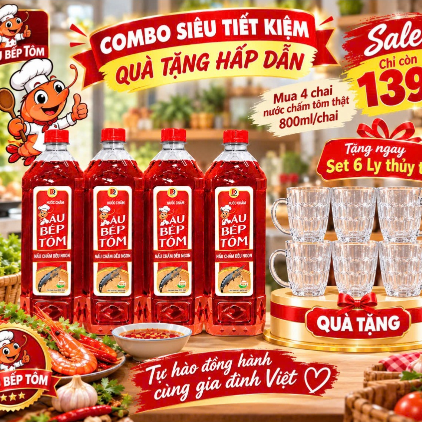 Thùng 4 chai nước chấm tôm đầu bếp 800ml - Nước mắm Đầu Bếp Tôm tặng bộ 6 ly thủy tinh cho gia đình dùng