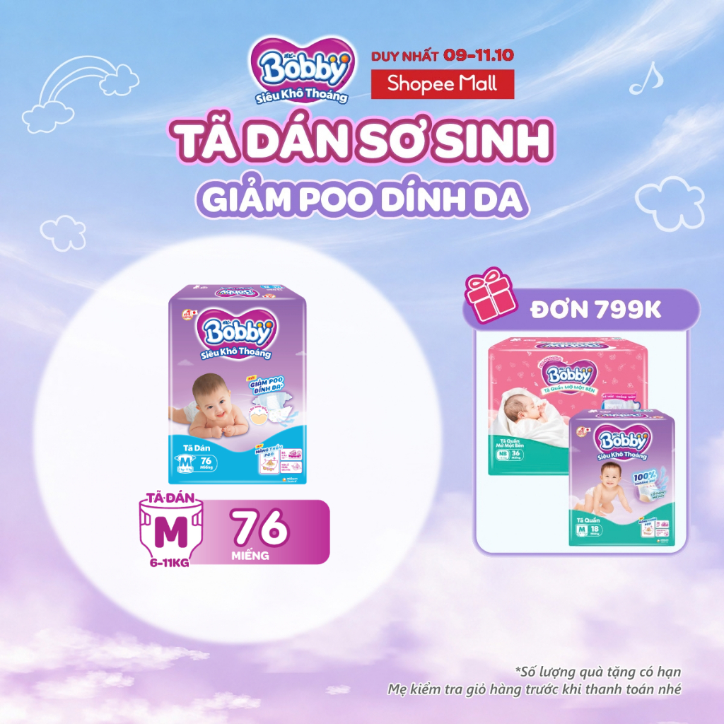 Tã dán Bobby S80/M76/L68/XL62/XXL56 Giảm Poo Dính Da