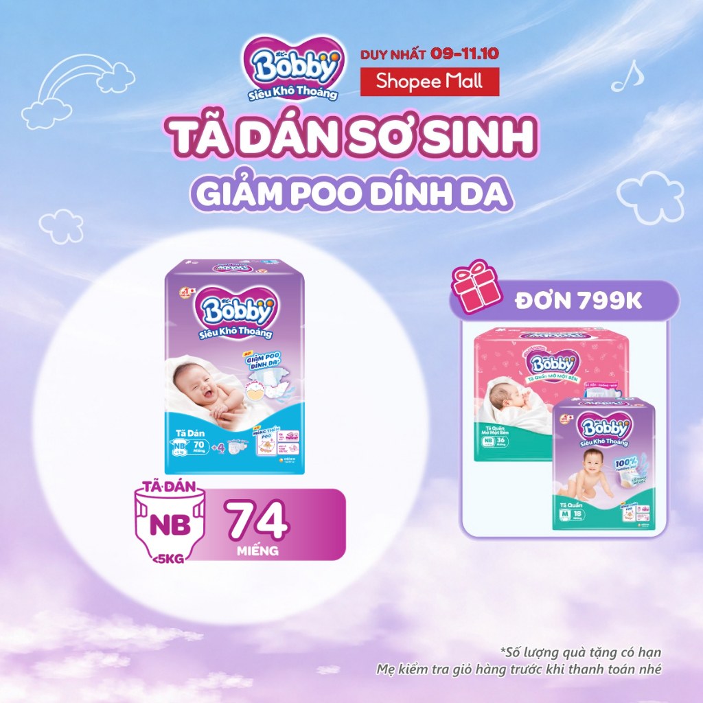 Tã dán sơ sinh Bobby NB70/S54/M46 Giảm Poo Dính Da