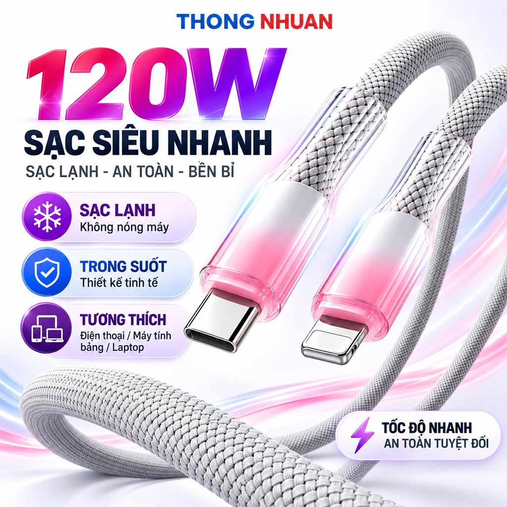 120W Trong Suốt Ombre Cáp Sạc Siêu Nhanh Cho iPhone 17Air 16 15 14 13 12 11 ProMax OPPO Samsung Xiaomi và Máy Tính Bảng