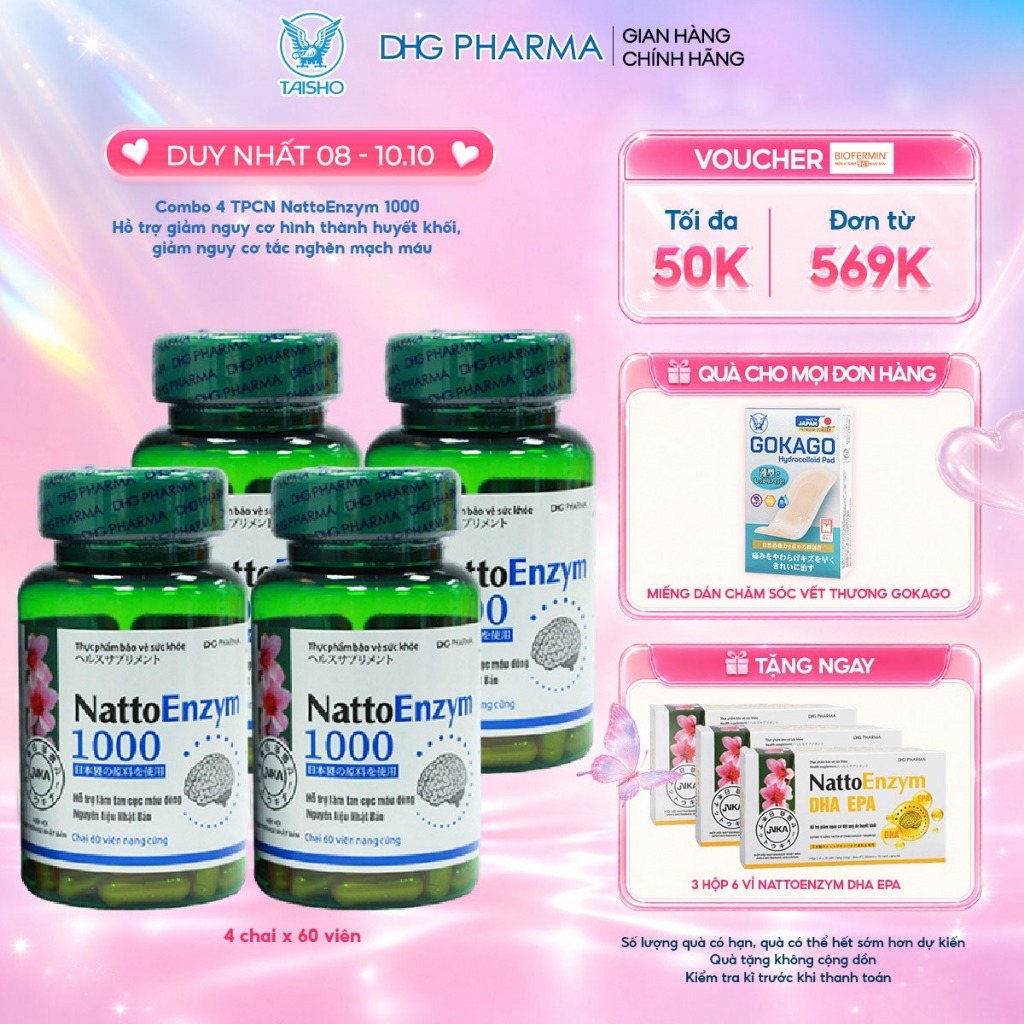 Combo 4 TPCN NattoEnzym 1000 Hỗ trợ giảm nguy cơ hình thành huyết khối, giảm nguy cơ tắc nghẽn mạch máu 4 chai -240 Viên