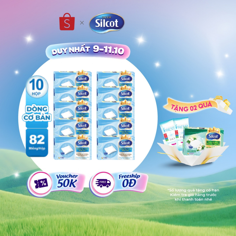 Bộ 10 hộp Bông trang điểm (bông tẩy trang) Silcot 82 miếng/hộp