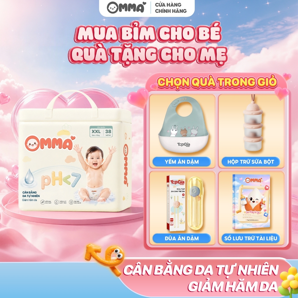 Tã bỉm quần dán Em Bé OMMA pH<7 hỗ trợ kháng khuẩn, mềm mại, chống tràn, khô thoáng cả ngày S/M/L/XL/XXL/XXXL