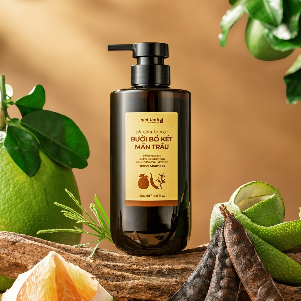 Dầu gội Bồ kết Bưởi - Mần trầu, dầu gội thảo dược thuần chay hỗ trợ kích mọc tóc Giọt Lành 500ml