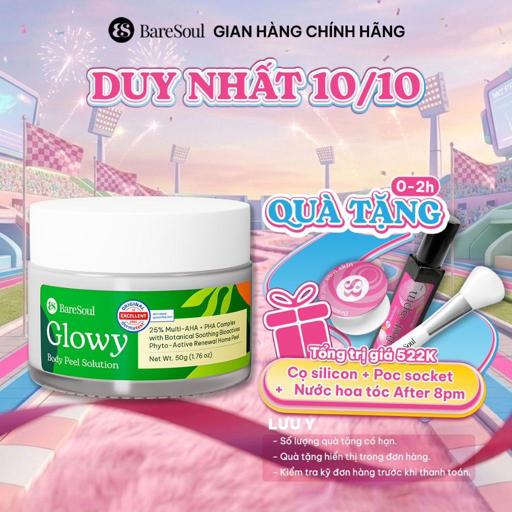 [TẶNG CỌ ] Peel da làm sáng, giảm thâm nách, mông, bikini, đầu gối, khuỷu tay AHA 25% BareSoul GLOWY 50g