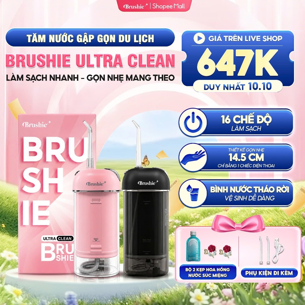 [ShopeeVIP] Tăm Nước Brushie Ultra Clean 16 Chế Độ Làm Sạch, Flossie Gấp Gọn Du Lịch, SVIP