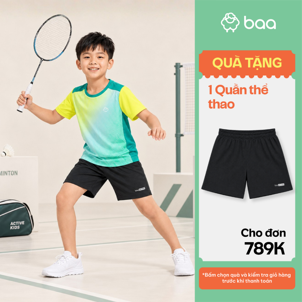 Set đồ thể thao bé trai cầu lông vải siêu nhẹ thoáng khí co giãn vận động 18-52 kg Baa Active QU46N