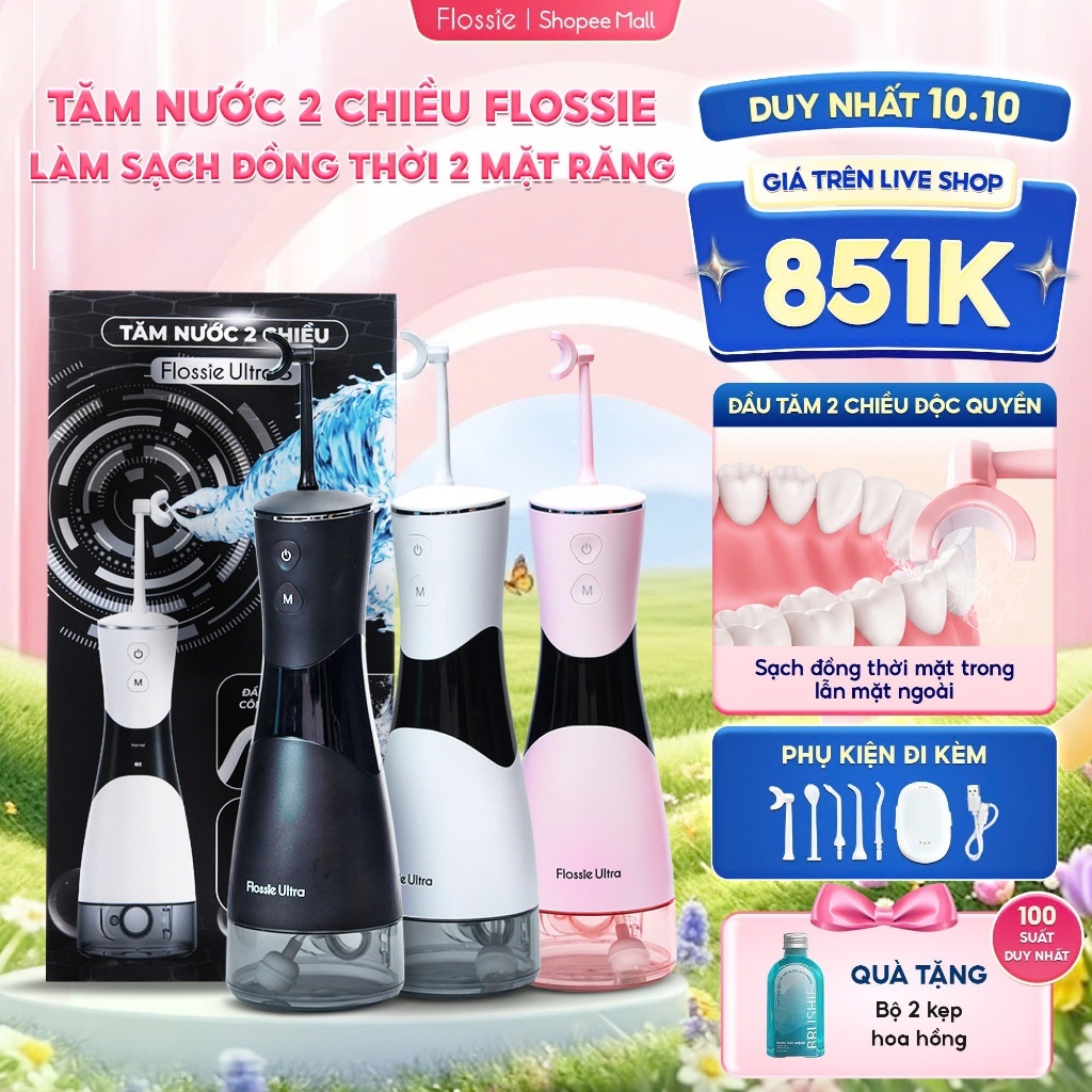 [GIÁ 859K TẠI LIVE SHOP] Tăm Nước FLOSSIE ULTRA Cầm Tay 2 Chiều 5 Chế Độ Làm Sạch Sâu Phù Hợp Người Niềng Răng, LIS