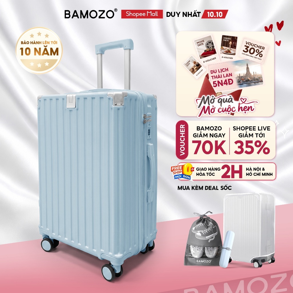 Vali Du Lịch Bamozo 9066 Lite Size 20/24/28 Thời Trang, Nhựa PC Nguyên Khối Khóa Số Bảo Mật Bịt 4 Góc Chống Va Đập_9066L